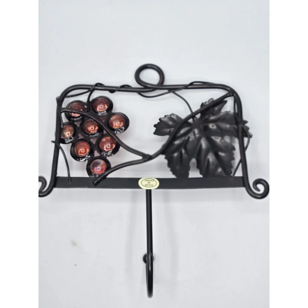 Two Vintage Metal Wall Mounted Racks with Hooks - Marble Grapes & Vine Design